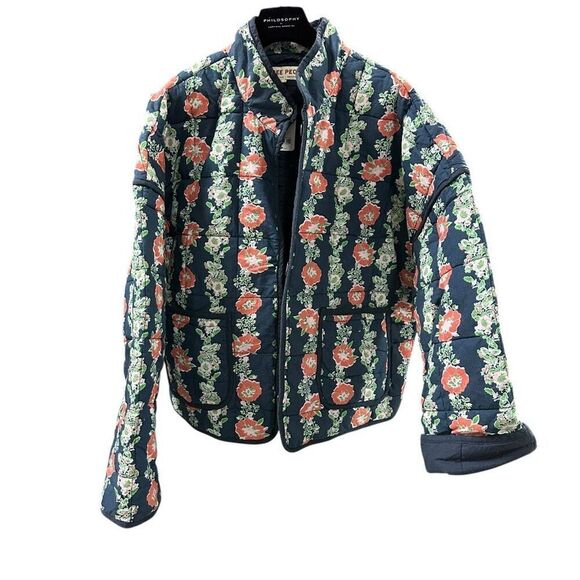 New Free People Chloe Jacket Blue Navy Dusk Combo Floral L - Picture 1 of 7